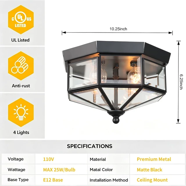 Alt view image 3 of 7 - Kalium Flush Mount Outdoor Ceiling Light Fixture, 4 Light Exterior.