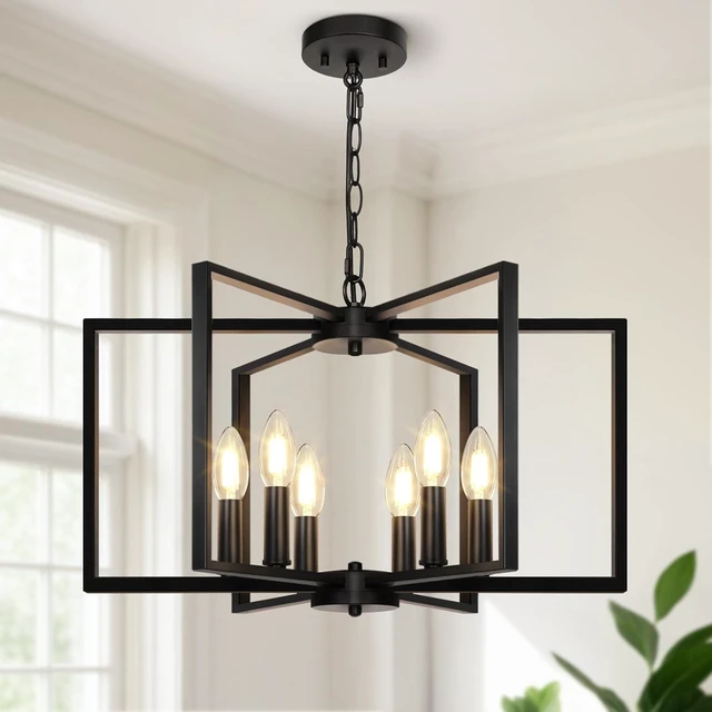 Main image of Black Farmhouse Chandelier, 6 Light Geometric Dining Room Light Fixture, Modern Industrial Metal Ceiling Light Rustic Hanging Pendant Lights with E12 base for Kitchen Island Entryway Foyer, Indoor