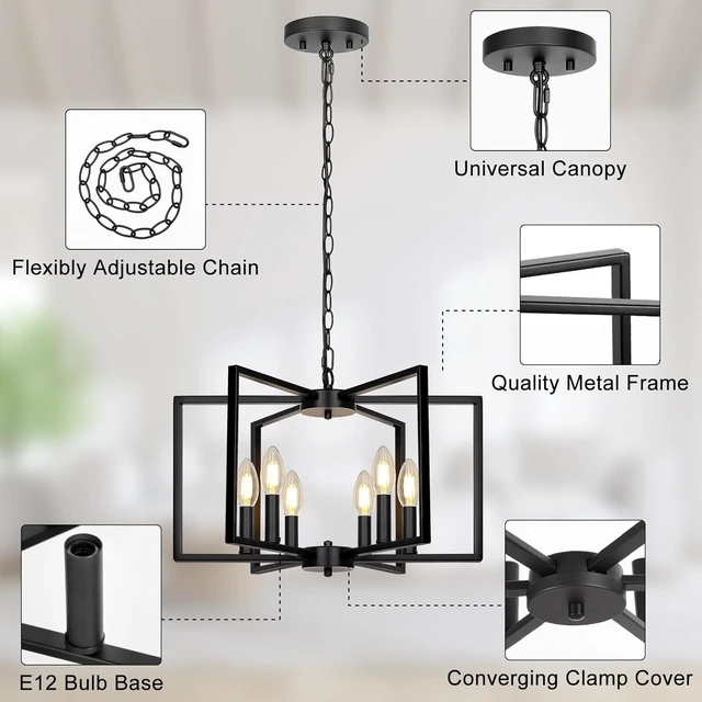 Alt view image 5 of 7 - Black Farmhouse Chandelier, 6 Light Geometric Dining Room Light Fixture, Modern Industrial Metal Ceiling Light Rustic Hanging Pendant Lights with E12 base for Kitchen Island Entryway Foyer, Indoor