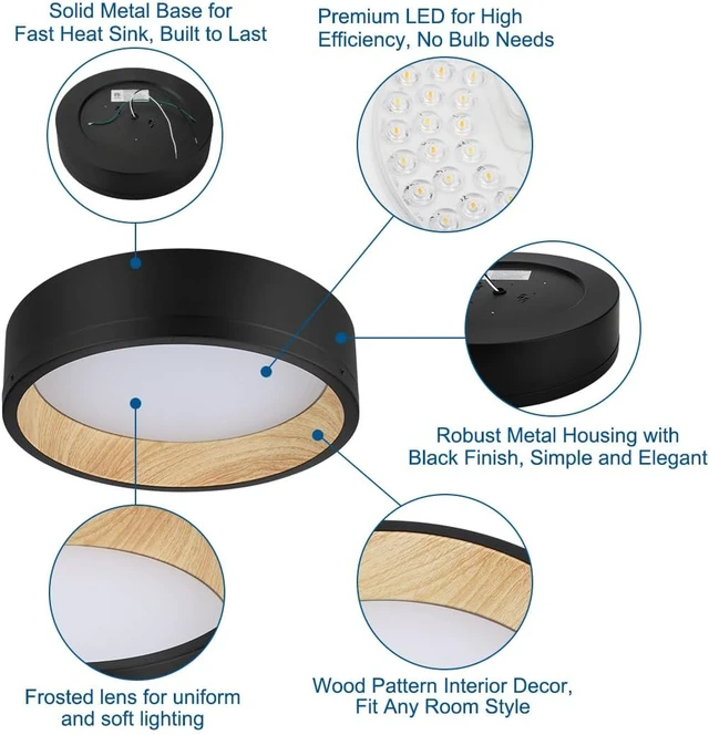 Alt view image 2 of 7 - DAKASON 12.5Inch Black LED Flush Mount Ceiling Light, 25W 1500LM 3CCT