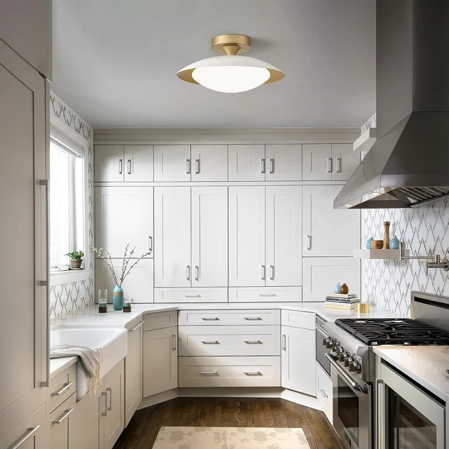 Alt view image 2 of 7 - Dimmable Modern Mid-Century LED Ceiling Light, White and Gold, 12.6 Inch