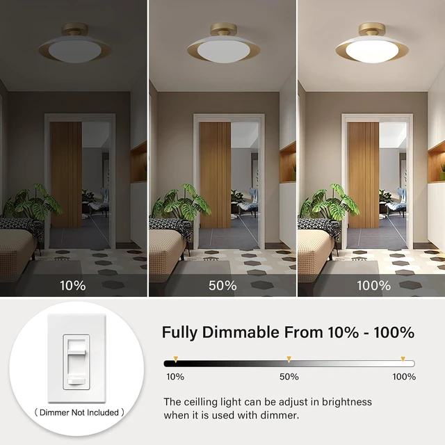 Alt view image 4 of 7 - Dimmable Modern Mid-Century LED Ceiling Light, White and Gold, 12.6 Inch