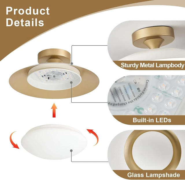 Alt view image 6 of 7 - Dimmable Modern Mid-Century LED Ceiling Light, White and Gold, 12.6 Inch
