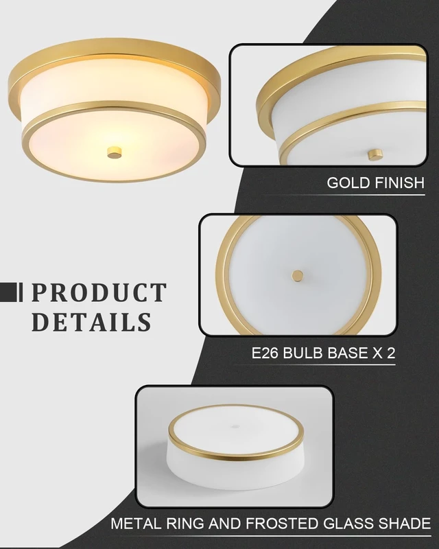 Alt view image 3 of 6 - 12 inch Flush Mount Ceiling Light, 2-Light Close to Ceiling Light Fixtures with Gold Finish for Bathroom Bedroom Kitchen Hallway (Gold)