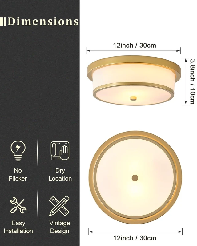 Alt view image 4 of 6 - 12 inch Flush Mount Ceiling Light, 2-Light Close to Ceiling Light Fixtures with Gold Finish for Bathroom Bedroom Kitchen Hallway (Gold)