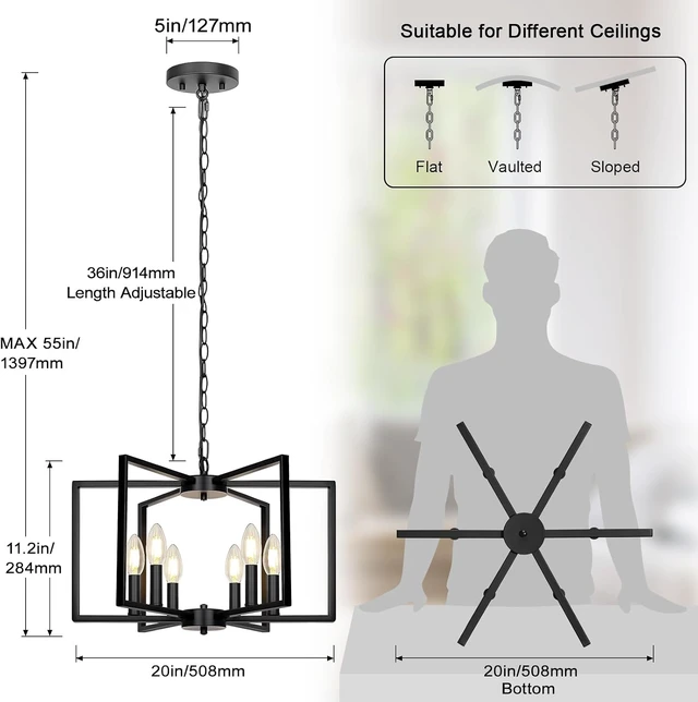 Alt view image 2 of 7 - Black Farmhouse Chandelier, 6 Light Geometric Dining Room Light Fixture, Modern Industrial Metal Ceiling Light Rustic Hanging Pendant Lights with E12 base for Kitchen Island Entryway Foyer, Indoor