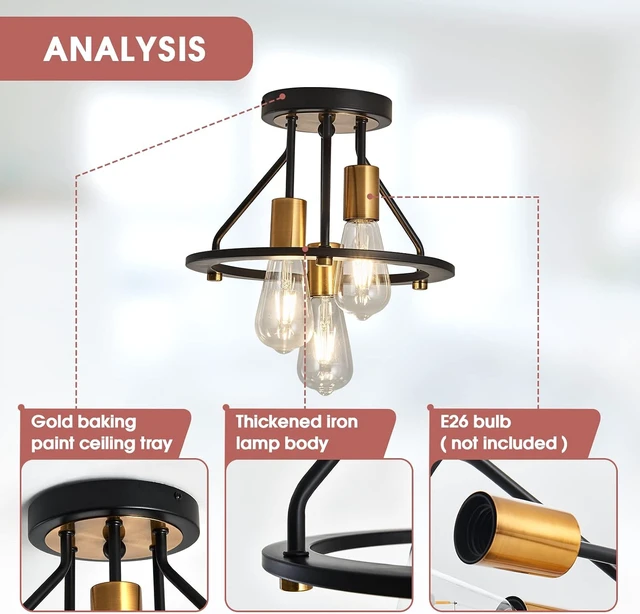 Alt view image 3 of 7 - Industrial Semi Flush Mount Ceiling Light Fixture 3-Light Matte Black and Gold Chandelier E26 Farmhouse Ceiling Lamp for Entryway Hallway Bedroom Passway Balcony