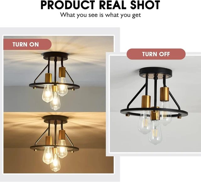 Alt view image 4 of 7 - Industrial Semi Flush Mount Ceiling Light Fixture 3-Light Matte Black and Gold Chandelier E26 Farmhouse Ceiling Lamp for Entryway Hallway Bedroom Passway Balcony