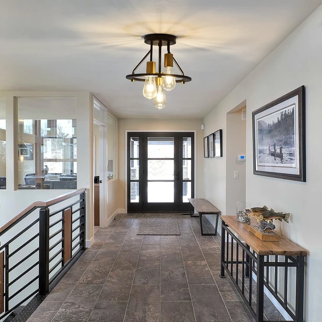 Alt view image 6 of 7 - Industrial Semi Flush Mount Ceiling Light Fixture 3-Light Matte Black and Gold Chandelier E26 Farmhouse Ceiling Lamp for Entryway Hallway Bedroom Passway Balcony