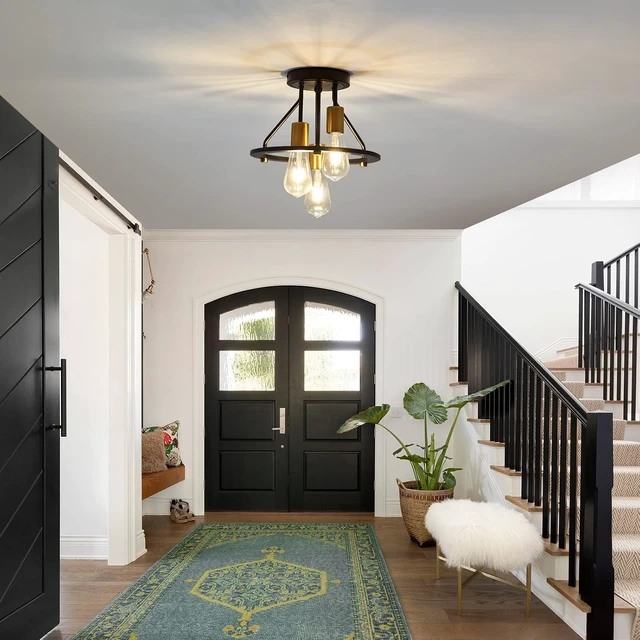 Alt view image 7 of 7 - Industrial Semi Flush Mount Ceiling Light Fixture 3-Light Matte Black and Gold Chandelier E26 Farmhouse Ceiling Lamp for Entryway Hallway Bedroom Passway Balcony
