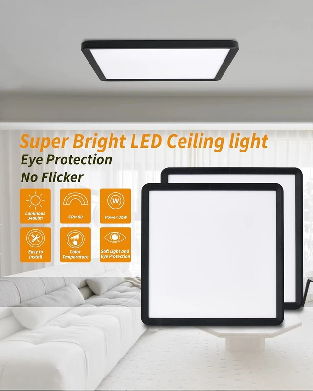 Alt view image 2 of 7 - Square Led Flush Mount Ceiling Light,16 Inch 40w 3820lm led Light 3000k,4000k,6000k CCT Selectable,Flat Panel Super Slim Led Ceiling Light Fixture,for Living Dining Kitchen Bedroom Room (2Pack-Black)