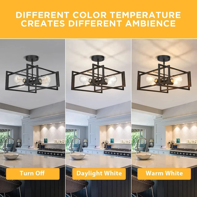 Alt view image 2 of 6 - FadimiKoo Industrial 4-Light Semi Flush Mount Ceiling Light Fixture, Farmhouse Metal Black Close to Ceiling Lamp for Kitchen Island Bedroom Hallway, Modern Rectangle Frame