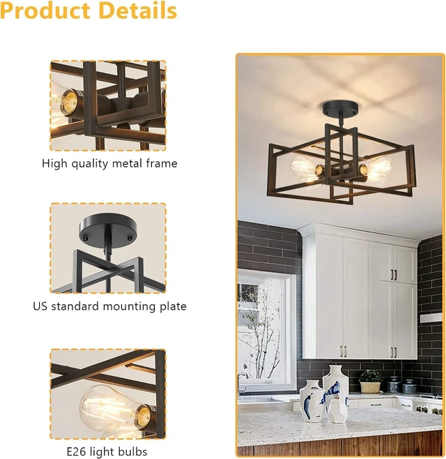Alt view image 3 of 6 - FadimiKoo Industrial 4-Light Semi Flush Mount Ceiling Light Fixture, Farmhouse Metal Black Close to Ceiling Lamp for Kitchen Island Bedroom Hallway, Modern Rectangle Frame