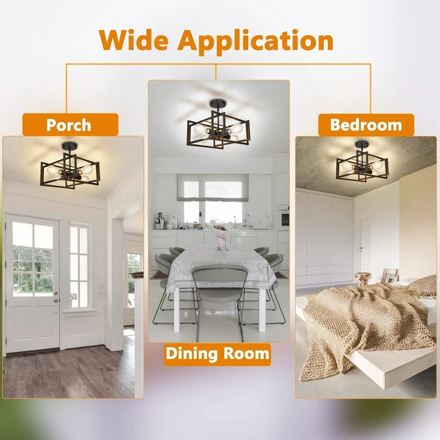 Alt view image 4 of 6 - FadimiKoo Industrial 4-Light Semi Flush Mount Ceiling Light Fixture, Farmhouse Metal Black Close to Ceiling Lamp for Kitchen Island Bedroom Hallway, Modern Rectangle Frame