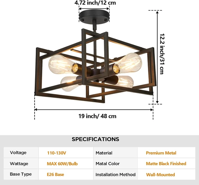 Alt view image 6 of 6 - FadimiKoo Industrial 4-Light Semi Flush Mount Ceiling Light Fixture, Farmhouse Metal Black Close to Ceiling Lamp for Kitchen Island Bedroom Hallway, Modern Rectangle Frame
