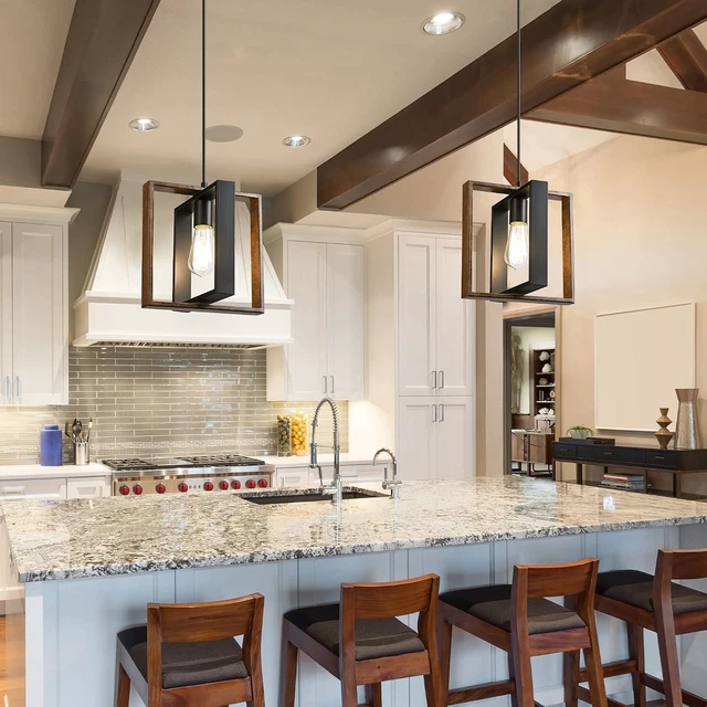 Alt view image 2 of 7 - EDISHINE Farmhouse Pendant Light Wood Grain Finish Black Adjustable
