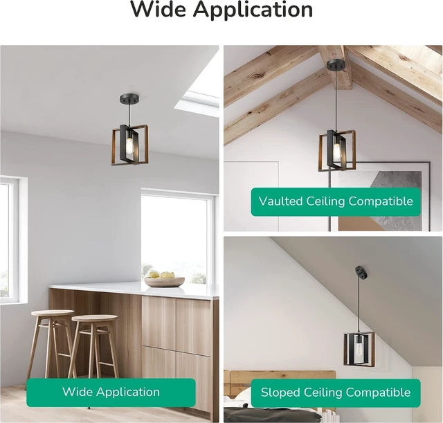 Alt view image 3 of 7 - EDISHINE Farmhouse Pendant Light Wood Grain Finish Black Adjustable