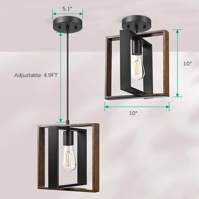 Alt view image 4 of 7 - EDISHINE Farmhouse Pendant Light Wood Grain Finish Black Adjustable