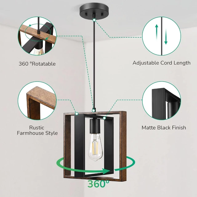 Alt view image 5 of 7 - EDISHINE Farmhouse Pendant Light Wood Grain Finish Black Adjustable