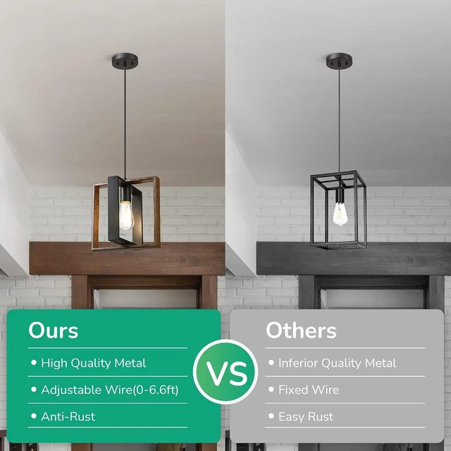 Alt view image 6 of 7 - EDISHINE Farmhouse Pendant Light Wood Grain Finish Black Adjustable