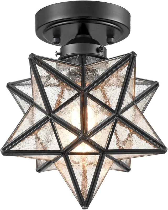 Main image of Moravian Star Flush Mount Ceiling Light Black with Seeded Glass