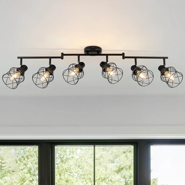 Main image of WILON Track Lighting Kit 6 Way Ceiling Spotlight-Industrial Flush Mount Ceiling Light Black Kitchen Ceiling Light Fixtures Kitchen Track Lighting Flexibly Rotatable Light Head E26 Base