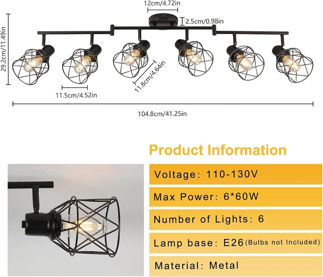 Alt view image 2 of 7 - WILON Track Lighting Kit 6 Way Ceiling Spotlight-Industrial Flush Mount Ceiling Light Black Kitchen Ceiling Light Fixtures Kitchen Track Lighting Flexibly Rotatable Light Head E26 Base