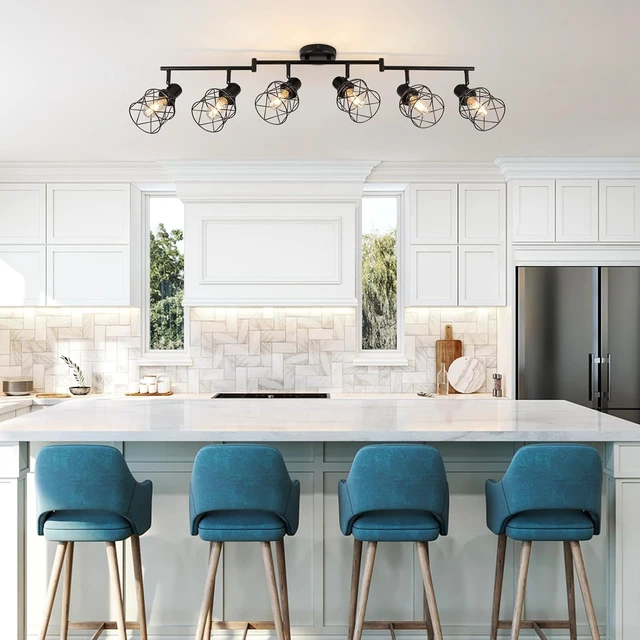Alt view image 7 of 7 - WILON Track Lighting Kit 6 Way Ceiling Spotlight-Industrial Flush Mount Ceiling Light Black Kitchen Ceiling Light Fixtures Kitchen Track Lighting Flexibly Rotatable Light Head E26 Base