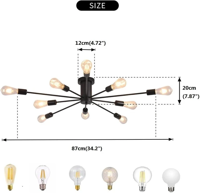 Alt view image 2 of 7 - Garwarm Black Sputnik Ceiling Light Fixture, 10-Light Sputnik Chandelier