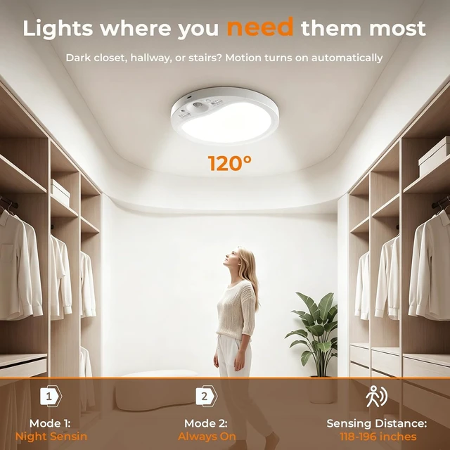Alt view image 2 of 7 - TANBABY Rechargeable Motion Sensor Ceiling Light Indoor with Remote, 4 Pack