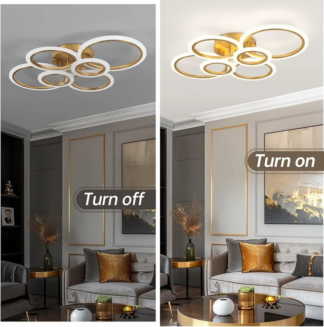 Alt view image 5 of 7 - Gold Modern Flush Mount Ceiling Light,6 Rings Dimmable LED Modern Ceiling Light Fixture with Remote,Close to Ceiling Lamp for Living Room Bedroom Kitchen Lighting Fixtures Ceiling Mount