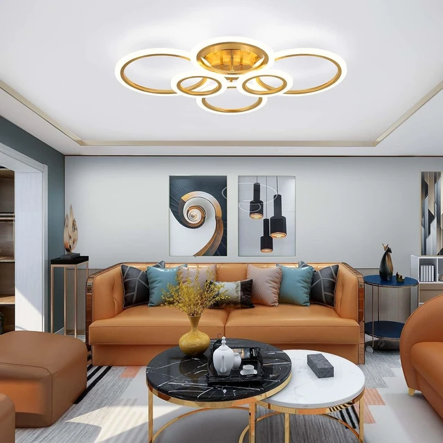 Alt view image 2 of 7 - Gold Modern Flush Mount Ceiling Light,6 Rings Dimmable LED Modern Ceiling Light Fixture with Remote,Close to Ceiling Lamp for Living Room Bedroom Kitchen Lighting Fixtures Ceiling Mount