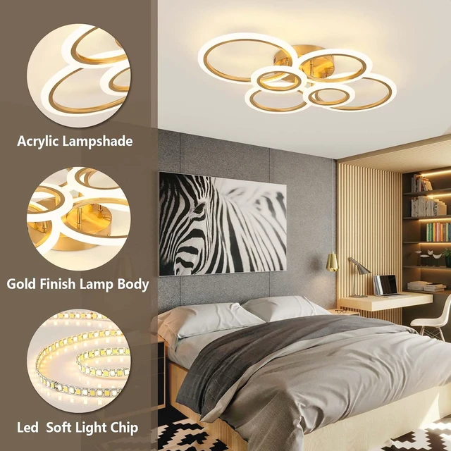 Alt view image 7 of 7 - Gold Modern Flush Mount Ceiling Light,6 Rings Dimmable LED Modern Ceiling Light Fixture with Remote,Close to Ceiling Lamp for Living Room Bedroom Kitchen Lighting Fixtures Ceiling Mount