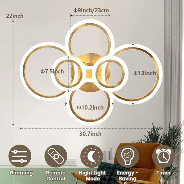 Alt view image 6 of 7 - Gold Modern Flush Mount Ceiling Light,6 Rings Dimmable LED Modern Ceiling Light Fixture with Remote,Close to Ceiling Lamp for Living Room Bedroom Kitchen Lighting Fixtures Ceiling Mount