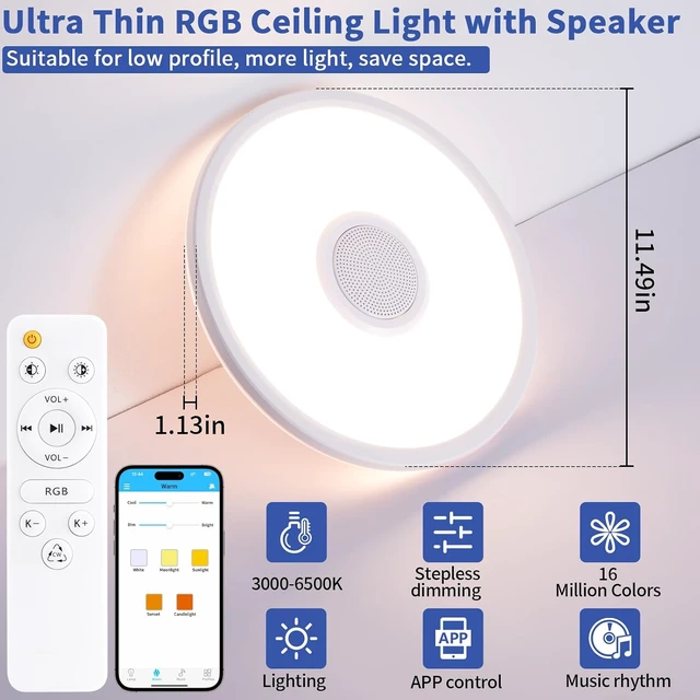 Alt view image 7 of 7 - RGB LED Ceiling Light with Bluetooth Speaker, 24W 11inch Music Lamp