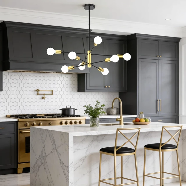 Alt view image 2 of 7 - Phaosio Sputnik Chandelier 8-Light, Mid Century Modern Height Adjustable Ceiling Light Fixture for Dining Room, Kitchen Island, Living Room,Bedroom-Black and Gold