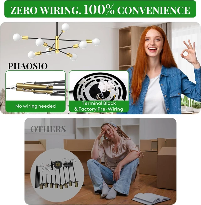 Alt view image 4 of 7 - Phaosio Sputnik Chandelier 8-Light, Mid Century Modern Height Adjustable Ceiling Light Fixture for Dining Room, Kitchen Island, Living Room,Bedroom-Black and Gold