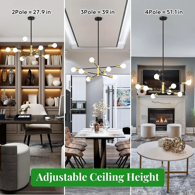 Alt view image 6 of 7 - Phaosio Sputnik Chandelier 8-Light, Mid Century Modern Height Adjustable Ceiling Light Fixture for Dining Room, Kitchen Island, Living Room,Bedroom-Black and Gold