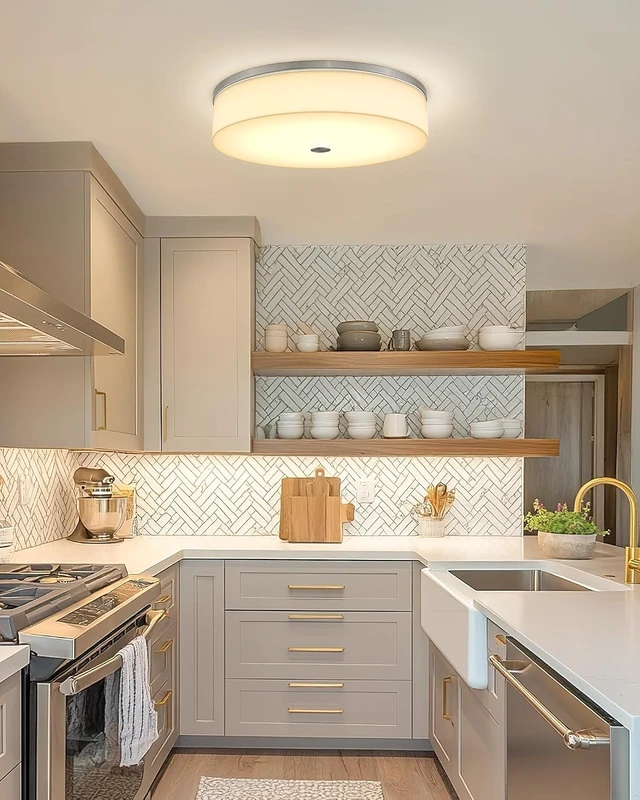Alt view image 2 of 7 - LMS Modern Flush Mount Ceiling Light, 16" Large Light Fixtures Ceiling in Brushed Nickel, 2- Light Flush Mount Light Fixture with Drum White Acrylic Shade, Dimmable, LMS-030