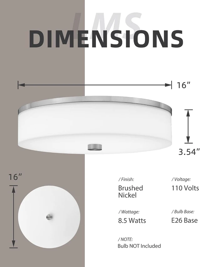 Alt view image 3 of 7 - LMS Modern Flush Mount Ceiling Light, 16" Large Light Fixtures Ceiling in Brushed Nickel, 2- Light Flush Mount Light Fixture with Drum White Acrylic Shade, Dimmable, LMS-030