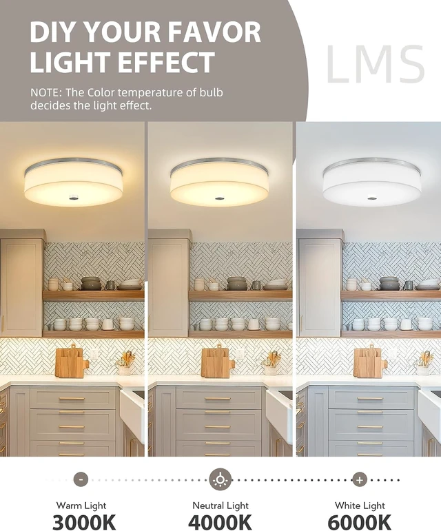 Alt view image 4 of 7 - LMS Modern Flush Mount Ceiling Light, 16" Large Light Fixtures Ceiling in Brushed Nickel, 2- Light Flush Mount Light Fixture with Drum White Acrylic Shade, Dimmable, LMS-030
