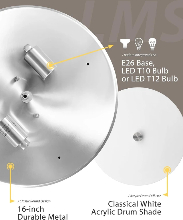 Alt view image 5 of 7 - LMS Modern Flush Mount Ceiling Light, 16" Large Light Fixtures Ceiling in Brushed Nickel, 2- Light Flush Mount Light Fixture with Drum White Acrylic Shade, Dimmable, LMS-030