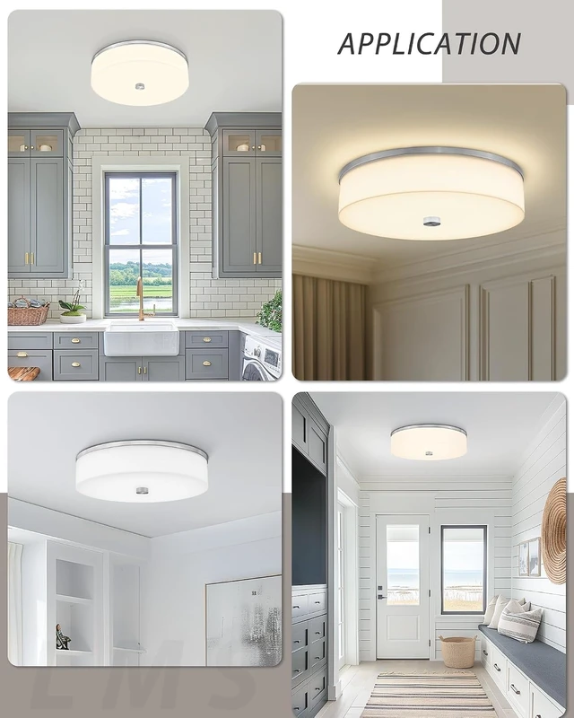 Alt view image 6 of 7 - LMS Modern Flush Mount Ceiling Light, 16" Large Light Fixtures Ceiling in Brushed Nickel, 2- Light Flush Mount Light Fixture with Drum White Acrylic Shade, Dimmable, LMS-030