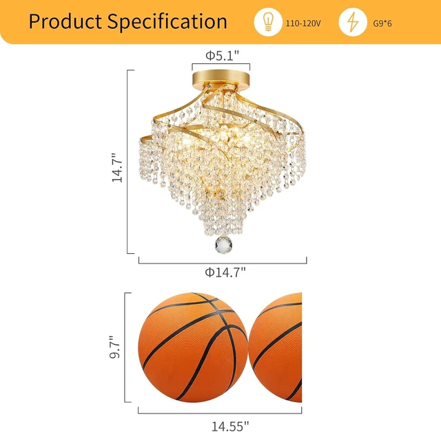 Alt view image 2 of 7 - WUZUPS Crystal Chandelier Semi Flushmount Ceiling Light Modern Lighting Fixture for Bedroom Hallway Bar Kitchen Bathroom, H 14.7" x W 14.7", Gold, G9 Base