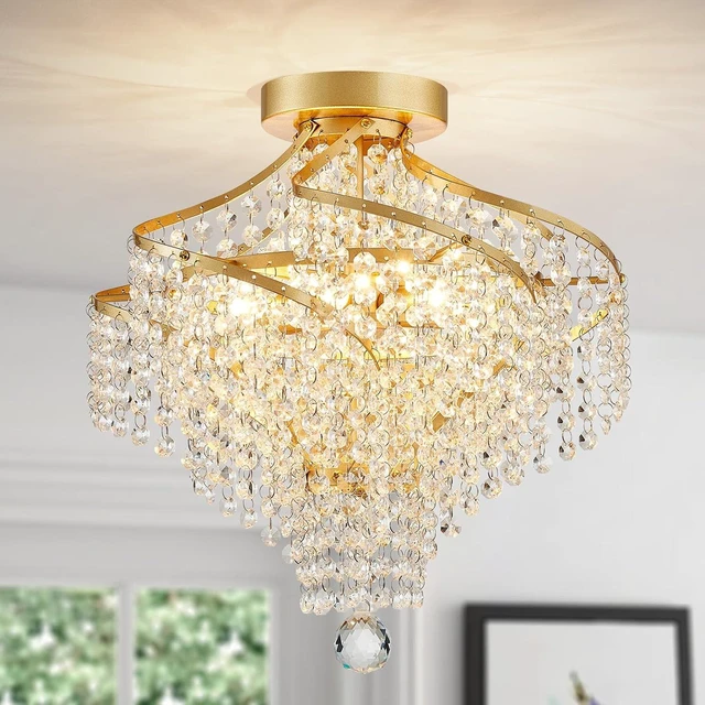 Main image of WUZUPS Crystal Chandelier Semi Flushmount Ceiling Light Modern Lighting Fixture for Bedroom Hallway Bar Kitchen Bathroom, H 14.7" x W 14.7", Gold, G9 Base