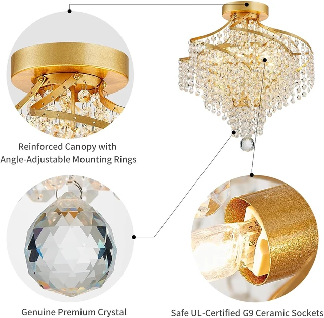 Alt view image 3 of 7 - WUZUPS Crystal Chandelier Semi Flushmount Ceiling Light Modern Lighting Fixture for Bedroom Hallway Bar Kitchen Bathroom, H 14.7" x W 14.7", Gold, G9 Base