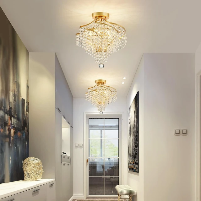 Alt view image 6 of 7 - WUZUPS Crystal Chandelier Semi Flushmount Ceiling Light Modern Lighting Fixture for Bedroom Hallway Bar Kitchen Bathroom, H 14.7" x W 14.7", Gold, G9 Base