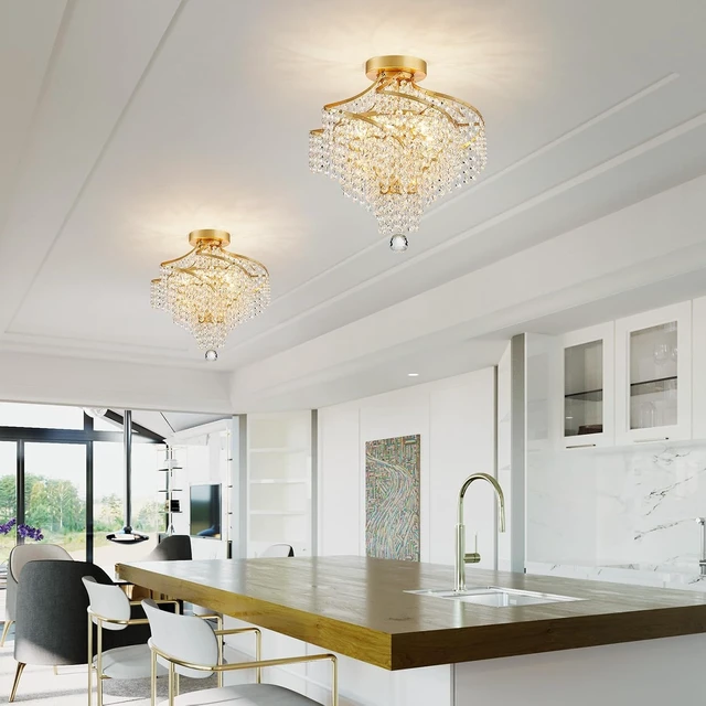 Alt view image 7 of 7 - WUZUPS Crystal Chandelier Semi Flushmount Ceiling Light Modern Lighting Fixture for Bedroom Hallway Bar Kitchen Bathroom, H 14.7" x W 14.7", Gold, G9 Base