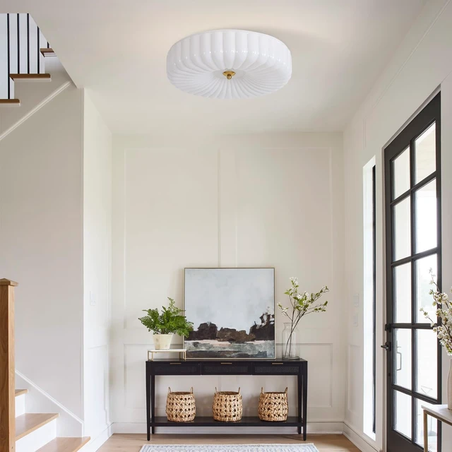 Alt view image 5 of 7 - KCO Large 15.7 Ribbed White Milk Glass 36W LED Flush Mount Ceiling Light