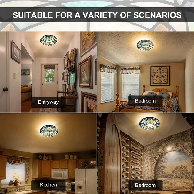 Alt view image 5 of 7 - ARTZONE Tiffany Ceiling Lights, Stained Glass Ceiling Light 2-Lights 12 Inch Tiffany Flush Mount Ceiling Light for Bedroom Dining Living Room Entryway Foyer